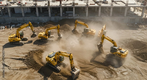 Fototapeta Aerial View of Multiple Yellow Excavators Working on a Construction Site