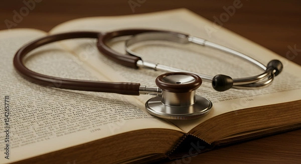 Fototapeta Stethoscope on Open Book: Medical Text and Instrument