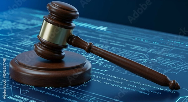 Fototapeta Dark Brown Wooden Gavel on Digital Contract Document