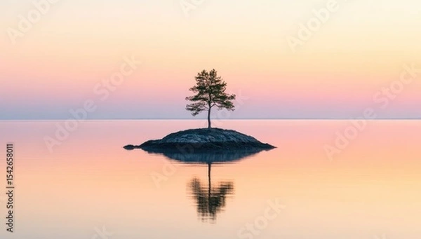 Fototapeta Single tree on a small island, tranquil lake, sunrise reflection