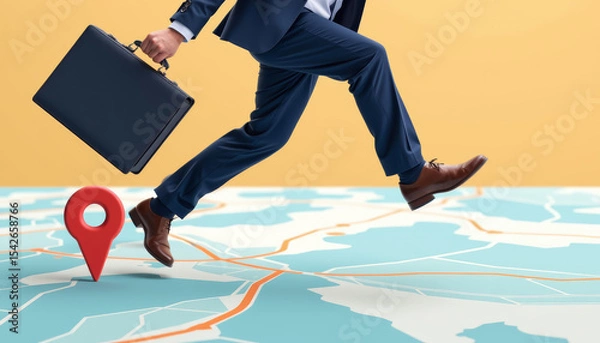 Fototapeta Businessman jumping over map with location pin, symbolizing goal achievement and success in career