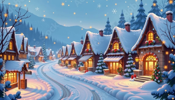 Fototapeta Whimsical winter village with snow covered houses, decorated trees, glowing windows, and peaceful snowy road at dusk