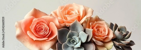 Fototapeta Bouquet of roses and succulents in peach and pink, white background, banner for website, 