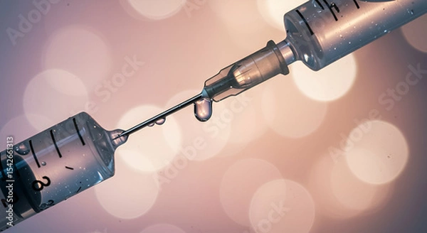 Fototapeta Closeup of Two Syringes with a Drop of Liquid Against a Bokeh Background