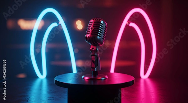 Fototapeta Retro Microphone with Pink and Blue Neon Lights on Dark Stage