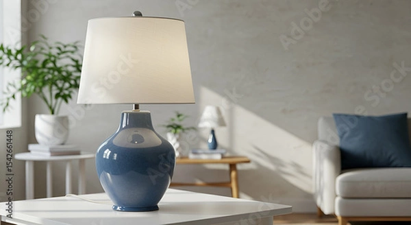 Fototapeta Blue Ceramic Table Lamp with White Lampshade in Modern Living Room