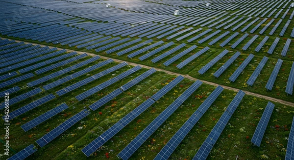Fototapeta Aerial View of Solar Panels in a Field