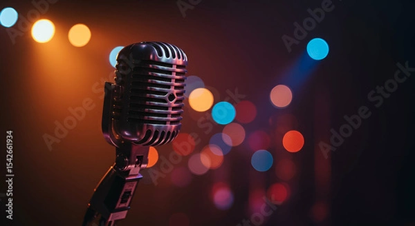 Fototapeta Vintage Microphone on Stage with Colorful Bokeh Lights