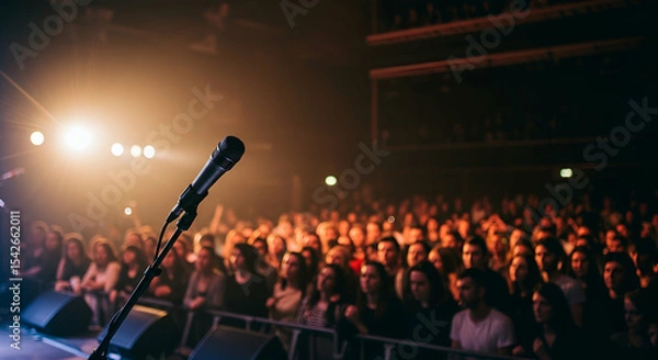 Fototapeta Microphone on Stage Before Large Crowd at Night Concert