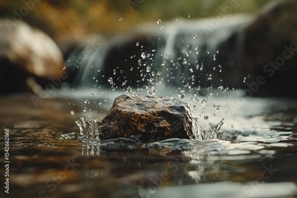 Fototapeta A small stone is falling into the water, splashing on impact. 