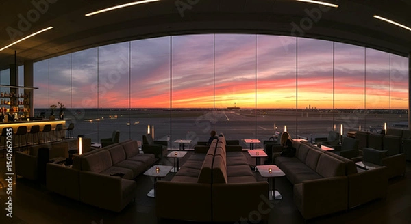 Fototapeta Airport Lounge Sunset View: Passengers Relaxing in Modern Interior with Pink and Orange Sky