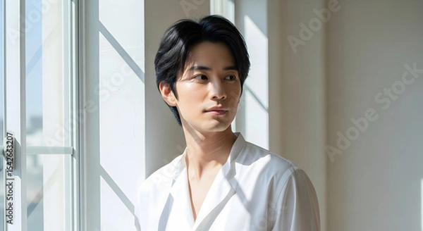 Obraz 3窓辺に立つ白Tシャツの若い男性 Generative AI