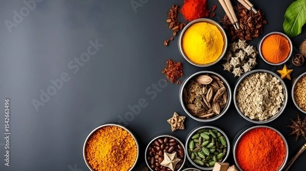Fototapeta High-resolution stock photo of colorful spices in metal tins on a dark background, featuring a smooth gradient transition, seamless color blending, and professional quality for commercial use 