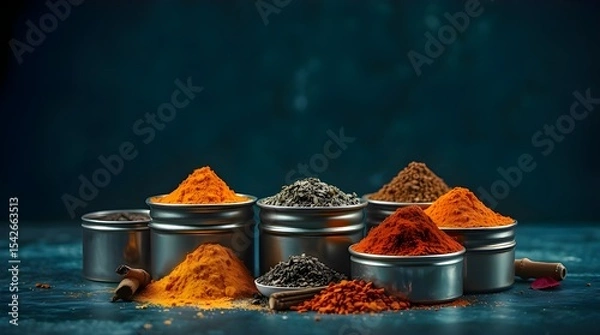 Fototapeta Dramatic cinematic style image of colorful spices in metal tins on a dark background, using warm terracotta and cool teal colors, creating an earthy and cool contrast with film-like composition