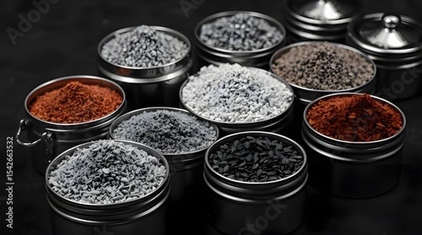 Fototapeta Classic black and white photograph of colorful spices in metal tins on a dark background, conveying a timeless and elegant aesthetic 
