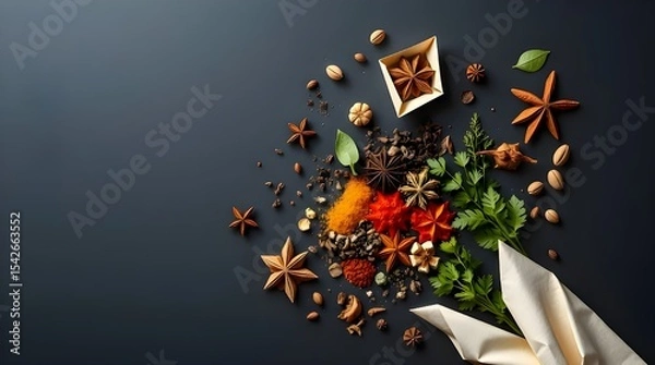 Fototapeta A low-angle, intricate origami-style flatlay of Colorful Spices and Herbs on a dark background, looking upward, with a dramatic folded paper aesthetic and geometric precision 