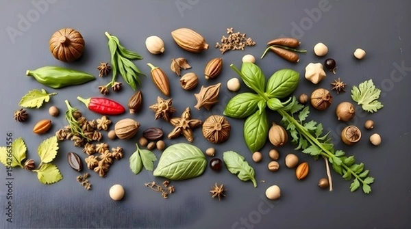 Fototapeta An adorable and charming flatlay of Colorful Spices and Herbs on a dark background, cast in bronze with an antique patina finish 