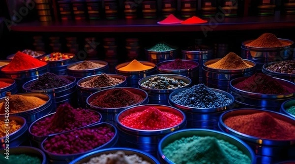Fototapeta Precise architectural color photography of colorful spices in metal tins on a dark background, showcasing bioluminescent colors, natural light effects, vibrant glow, sharp lines, and detailed 