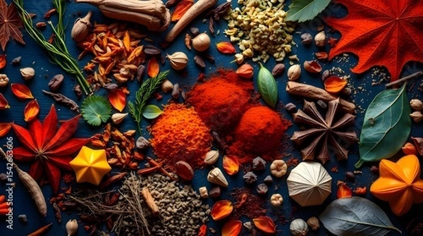 Fototapeta A flatlay of Colorful Spices and Herbs on a dark background, glowing with warm golden bioluminescent colors, natural light effects, vibrant glow, and a radiant, luxurious feel 