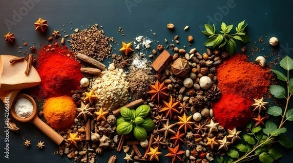 Fototapeta A flatlay of Colorful Spices and Herbs on a dark background, bathed in rich deep teal and warm golden hour light, soft light suggesting sunrise or sunset, appearing luxurious and vibrant