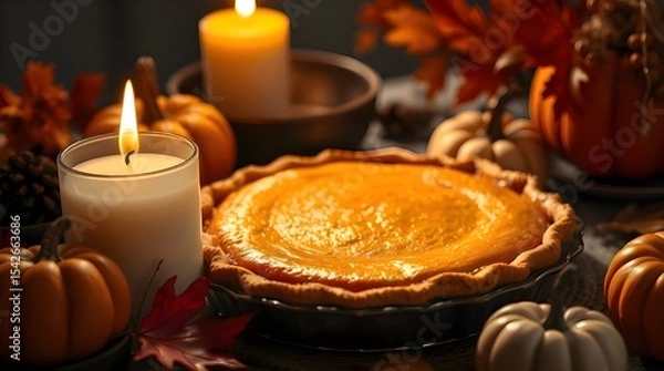 Fototapeta A close-up shot of a white candle, pumpkin pie, and autumnal decor with intense dramatic lighting, highlighting details and high contrast to create tension