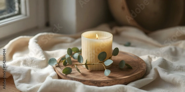 Obraz Pale Yellow Beeswax Candle with Eucalyptus and Soft Fabric