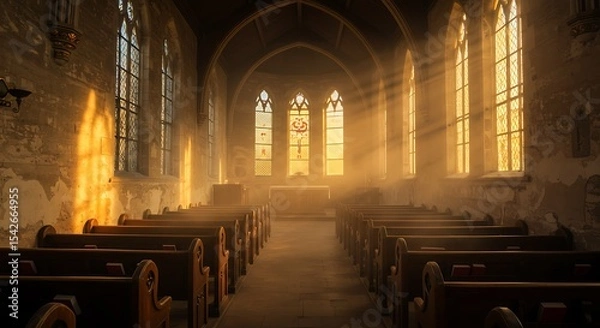 Fototapeta Empty room, Play of light in the sunrise. Light of windows from inside on an old church in an early fall morning