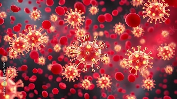 Obraz Microscopic View of Red Coronavirus (COVID-19) Particles and Red Blood Cells, Representing Viral Infection and Health Threats