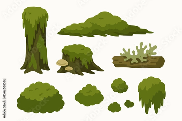 Fototapeta Swamp green moss. Moss plants growing on wood trunks, rainy forest lichen and fungus plants on rotten stumps flat vector illustration set. Cartoon moss collection