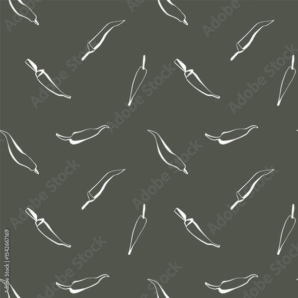 Fototapeta White jalapeno pepper seamless pattern on dark green background in minimal line art style for kitchen decor or food packaging