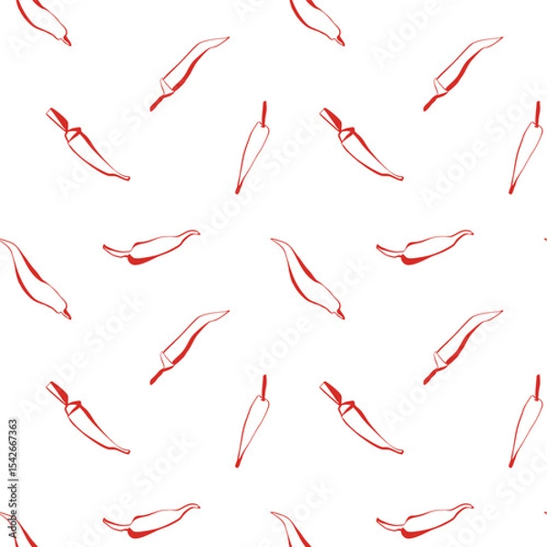 Fototapeta Minimal chili pepper seamless pattern in red line art on white background perfect for food packaging and kitchen textile design
