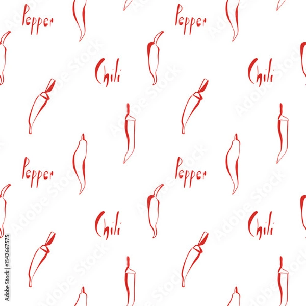 Fototapeta Chili pepper seamless pattern with text on white background in red line art style for kitchen wraps or food branding