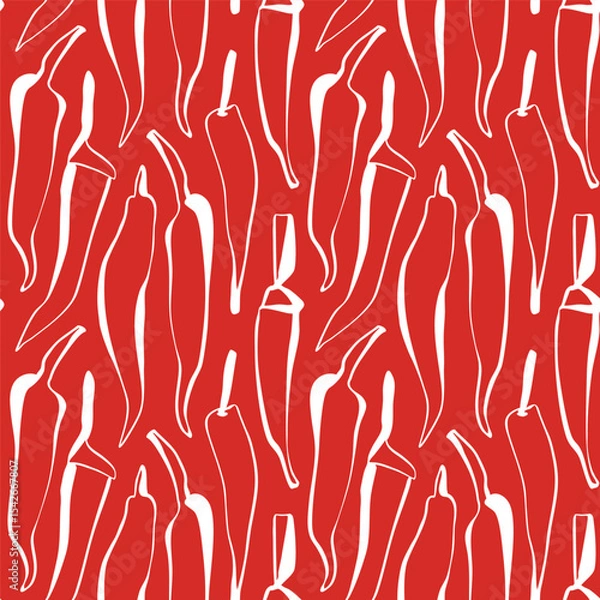 Fototapeta White chili pepper seamless pattern on red background in minimal line art style for kitchen decor or food packaging