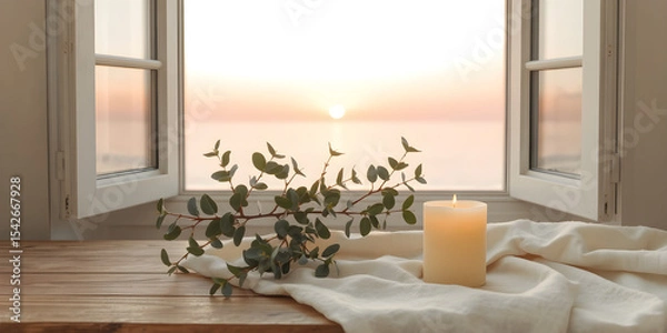Obraz Pale Yellow Beeswax Candle with Eucalyptus and Soft Fabric. Pale Pink Sunset Over Low Flat Sea