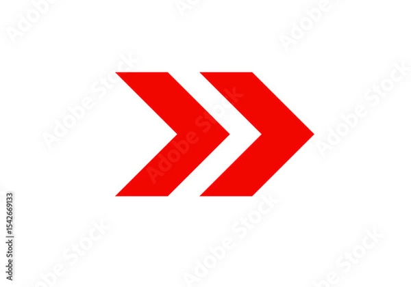 Fototapeta Bold red chevron arrows pointing to the right on a white background. The modern and minimalistic design symbolizes direction, movement, progress, or forward navigation. Ideal for use in web design.