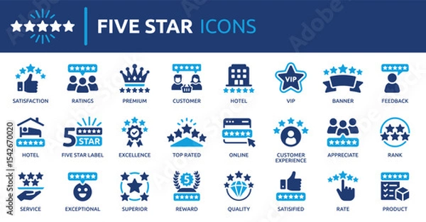 Fototapeta Five star icon set. Containing satisfaction, review, rating, premium, quality, 5 star, feedback, excellence and more. Solid vector icons collection.
