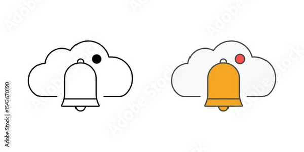 Fototapeta Cloud notifications system icon with a bell, alert dot, and cloud, in outline and color styles, ideal for illustrating SaaS alerts, user notifications, and system updates in cloud platforms.