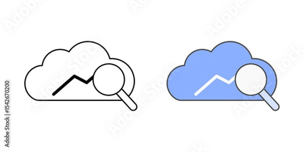 Obraz Usage analytics dashboard icon with a cloud, line chart, and magnifier, in outline and color styles, ideal for illustrating cloud performance tracking, user behavior metrics, and SaaS data insights.