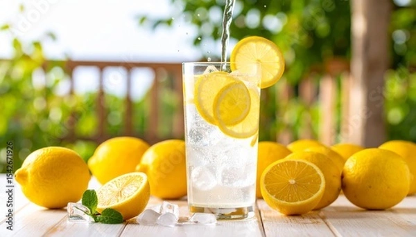 Fototapeta Fresh citrus lemonade with ice and fruit slices in a glass