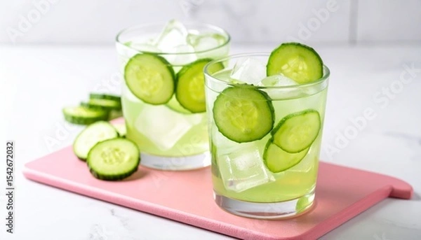 Fototapeta Green healthy lime and cucumber fruit drink in a glass with ice