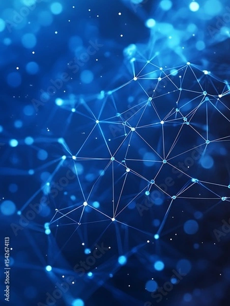 Fototapeta Abstract Blue Network White Lines Connecting Light Blue Spheres with Bokeh Background