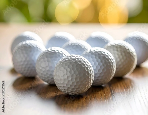 Fototapeta A group of white golf balls neatly arranged on a smooth surface with soft lighting and shadows.