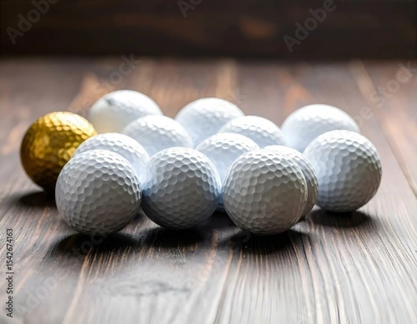 Fototapeta A group of white golf balls neatly arranged on a smooth surface with soft lighting and shadows.