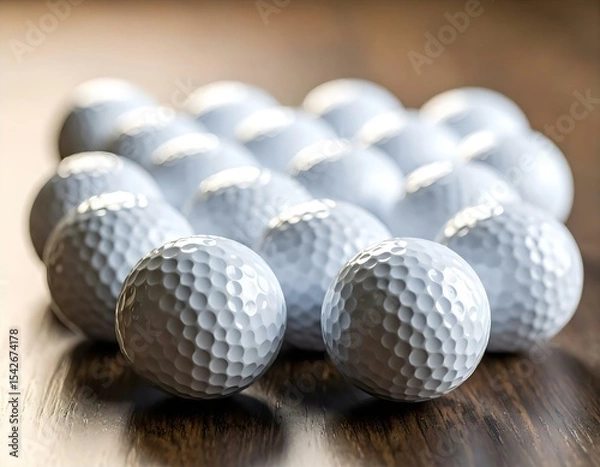 Fototapeta A group of white golf balls neatly arranged on a smooth surface with soft lighting and shadows.