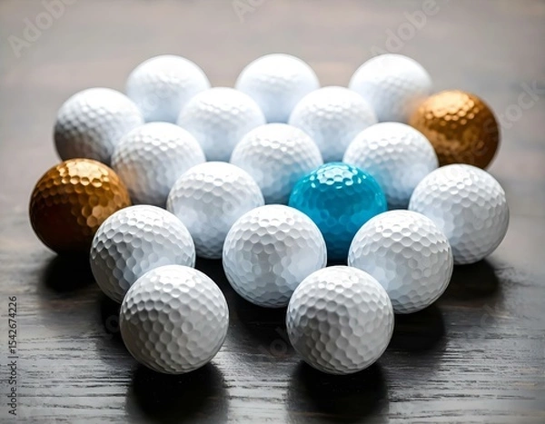 Fototapeta A group of white golf balls neatly arranged on a smooth surface with soft lighting and shadows.