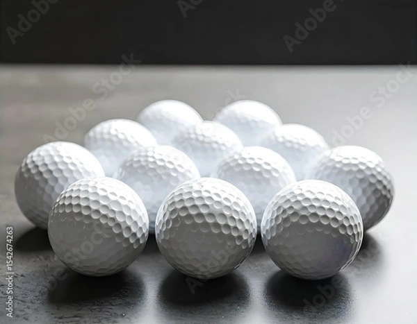 Fototapeta A group of white golf balls neatly arranged on a smooth surface with soft lighting and shadows.