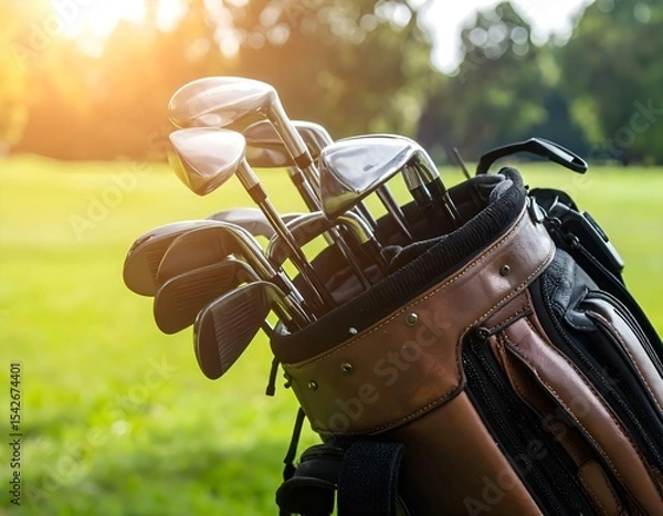 Fototapeta Modern golf clubs in a leather bag on a green field, captured under warm sunlight in close-up view.