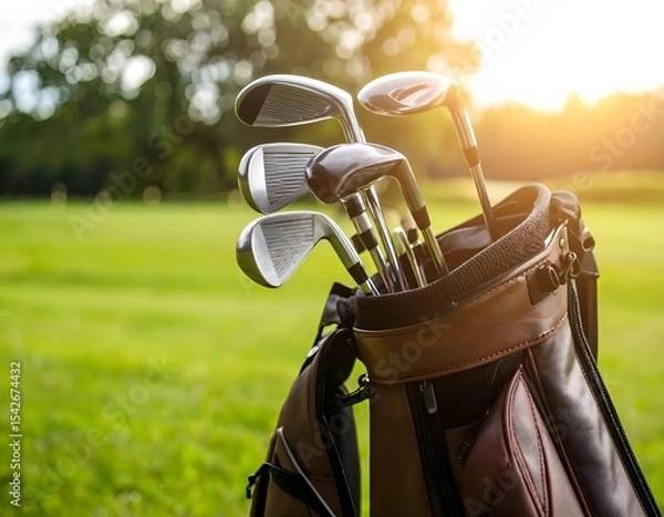 Fototapeta Modern golf clubs in a leather bag on a green field, captured under warm sunlight in close-up view.