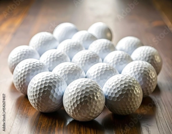 Fototapeta A group of white golf balls neatly arranged on a smooth surface with soft lighting and shadows.
