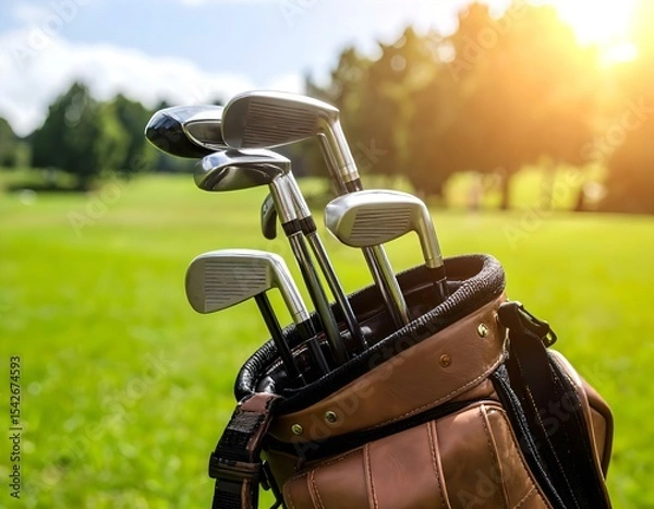 Fototapeta Modern golf clubs in a leather bag on a green field, captured under warm sunlight in close-up view.
